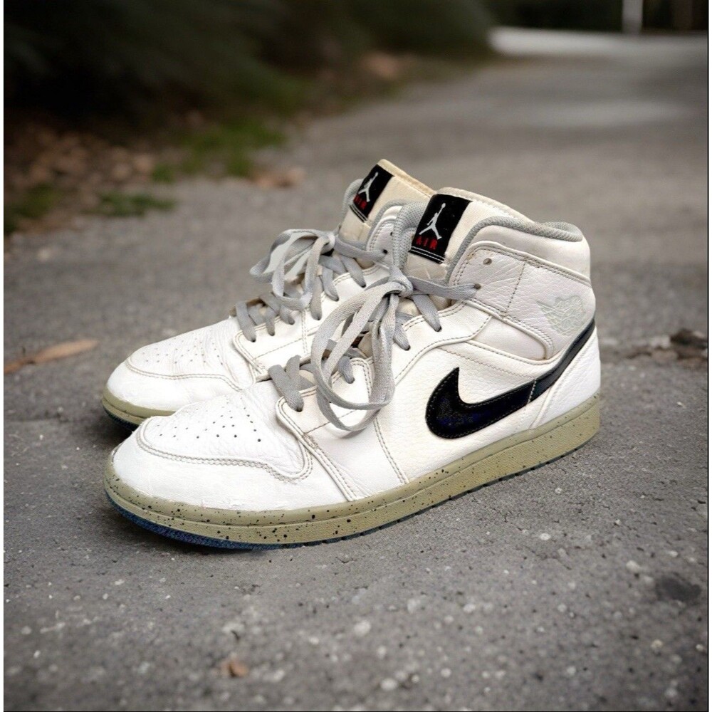Nike Air Jordan 1 Mid 554724-115 White Black Cement Mens Size 11.5 EUR 45.5 GUC